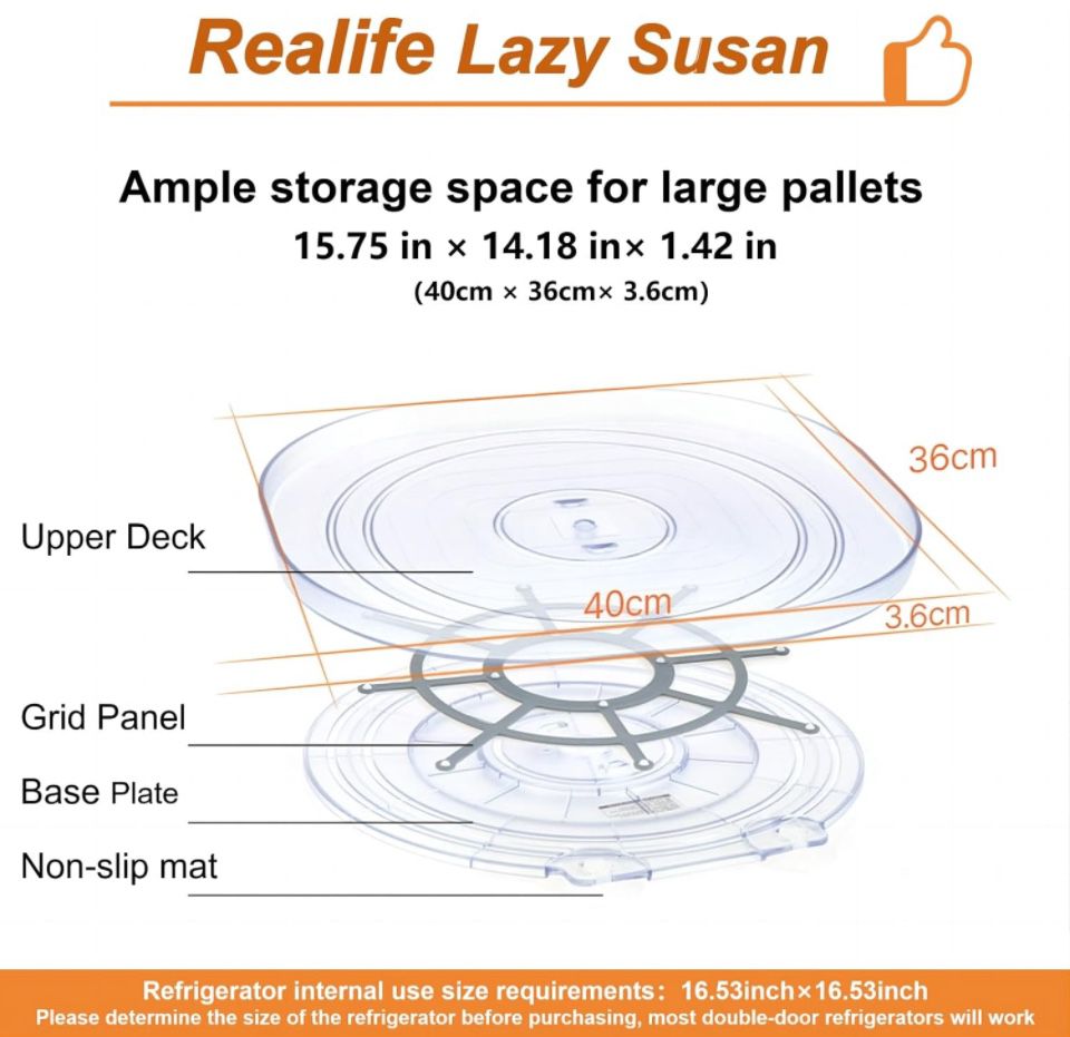 Realife Lazy Susan Turntable for Refrigerator, Slide and 360° Rotate Rectangle Turntable Organizer, Square Turntable Organizer for Fridge Cabinet - Selzalot