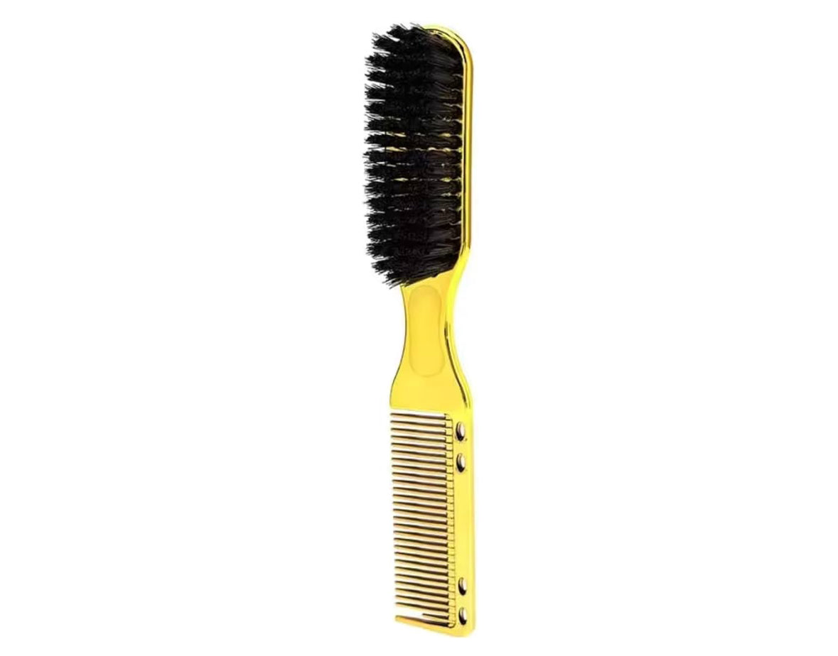 Double-sided beard brush and comb with non-slip handle for grooming.