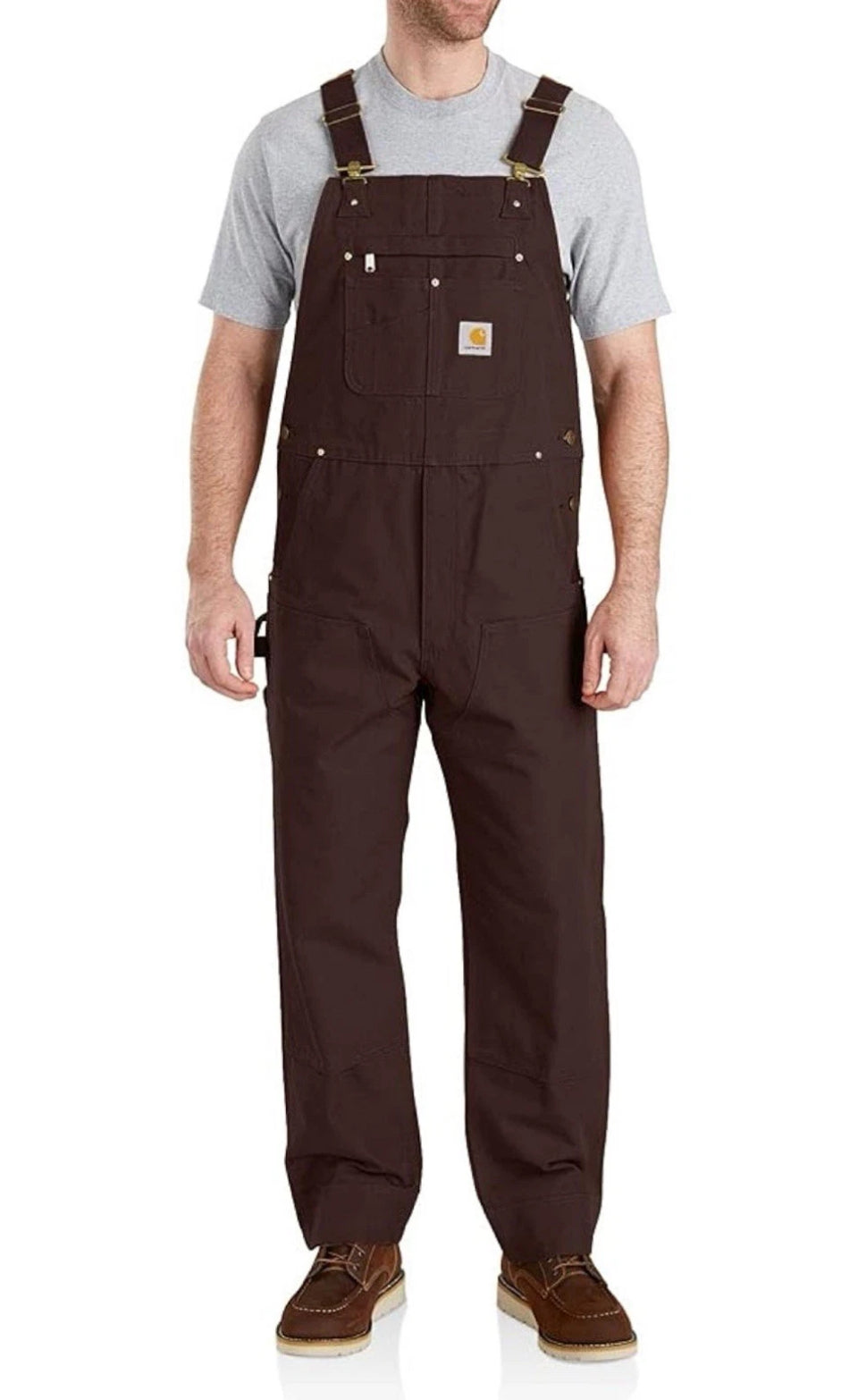 Carhartt Men's 102776 Duck Bib Overalls in brown with adjustable suspenders and multi-compartment bib pocket