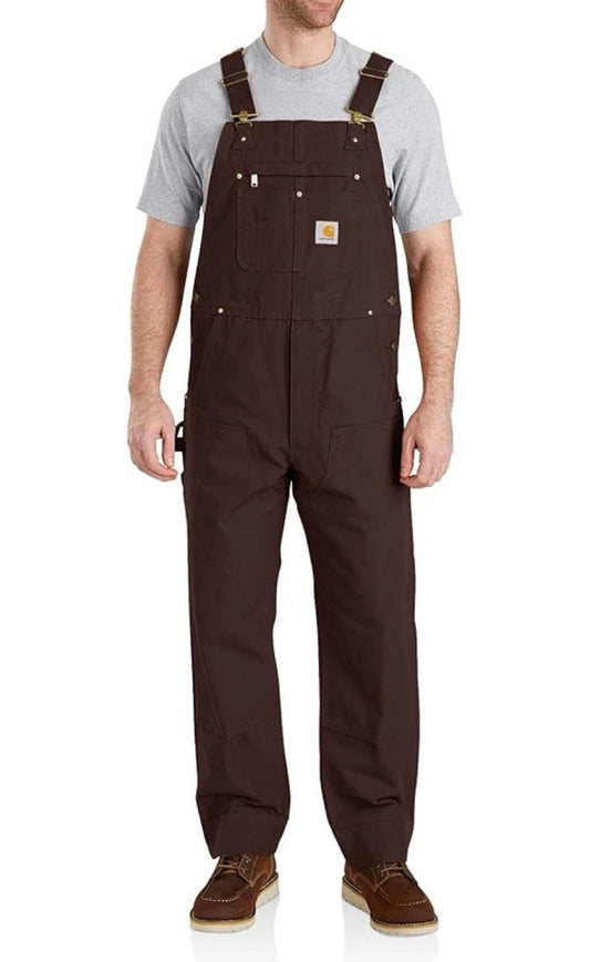 Carhartt Men's 102776 Duck Bib Overalls in brown with adjustable suspenders and multi-compartment bib pocket