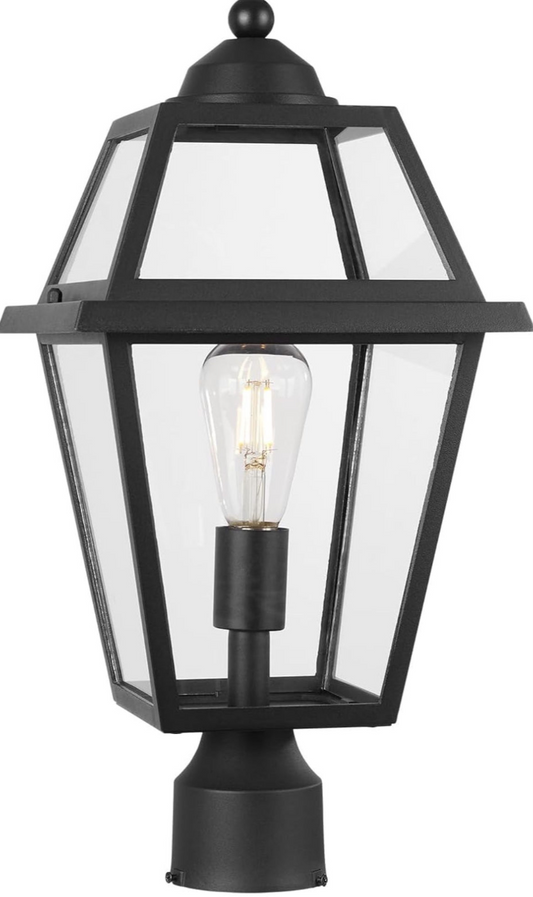 Large outdoor post light fixture with colonial design, black finish, clear glass, and vintage style for garden and exterior use