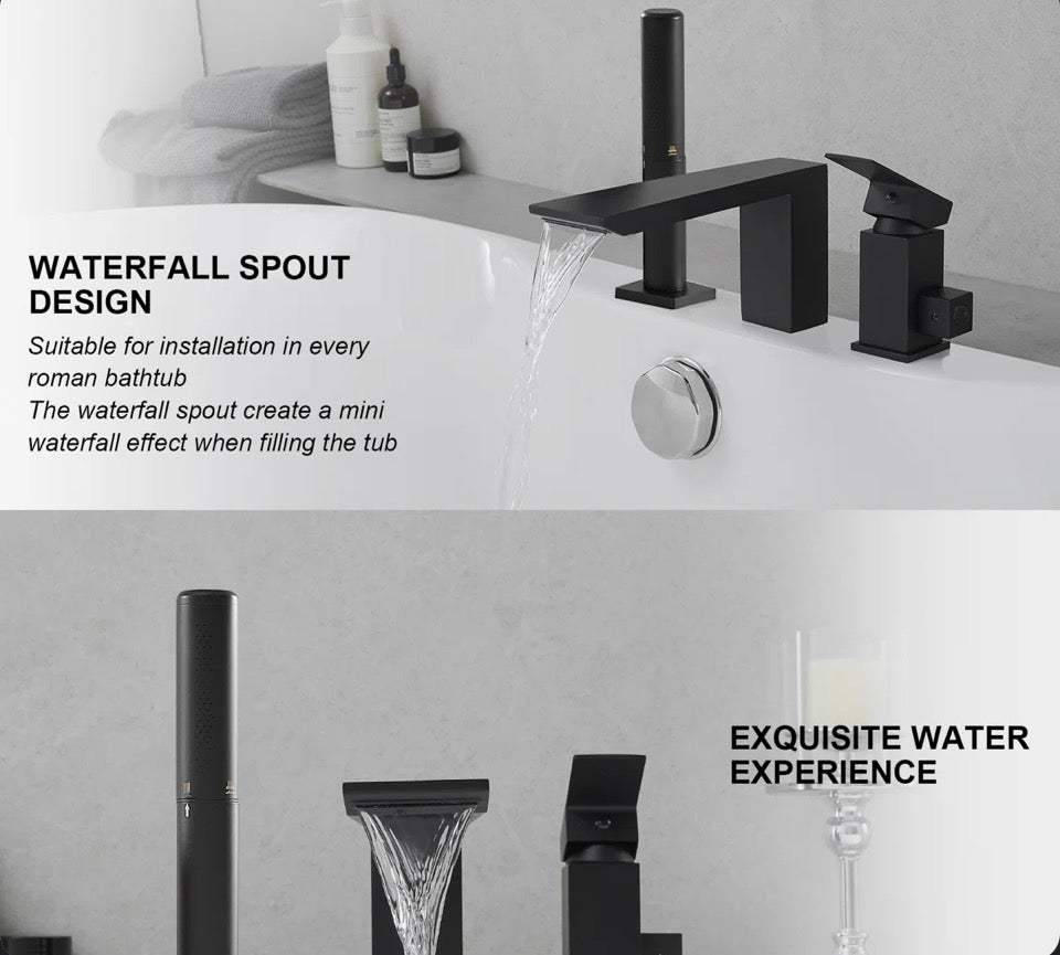 BESy 1 Handle Solid Brass Tub Faucet Deck Mounted Roman Bathtub Faucet with 2 Function Handshower and Diverter B_BTF_00003_03_BK