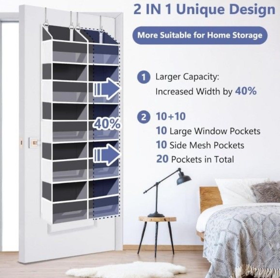 Brand New UVIAHOMI Heavy Duty Over The Door Organizer 5 Tiers, Extra Large Behind Door Storage of 10 Big Front & 10 Mesh Pockets, 80lb Weight Capacity