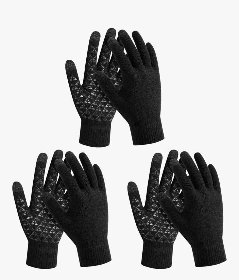 Pair of black Pleneal Winter Gloves with anti-slip pattern, touchscreen compatible knit for cold weather.