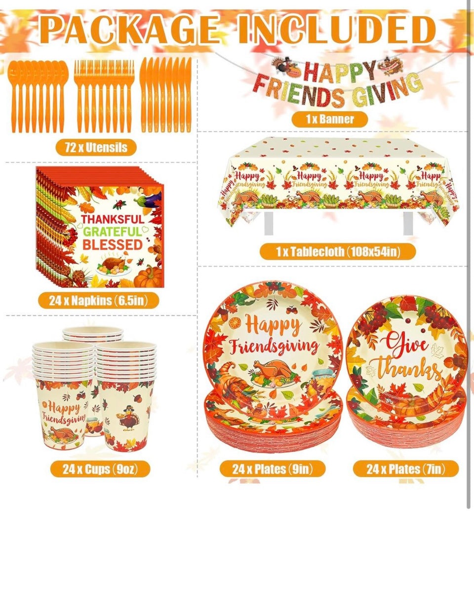 Open Box New Xcvwz 189Pcs Thanksgiving Party Supplies - Plates, Napkins, and Happy Friendsgiving Banner for Decorations