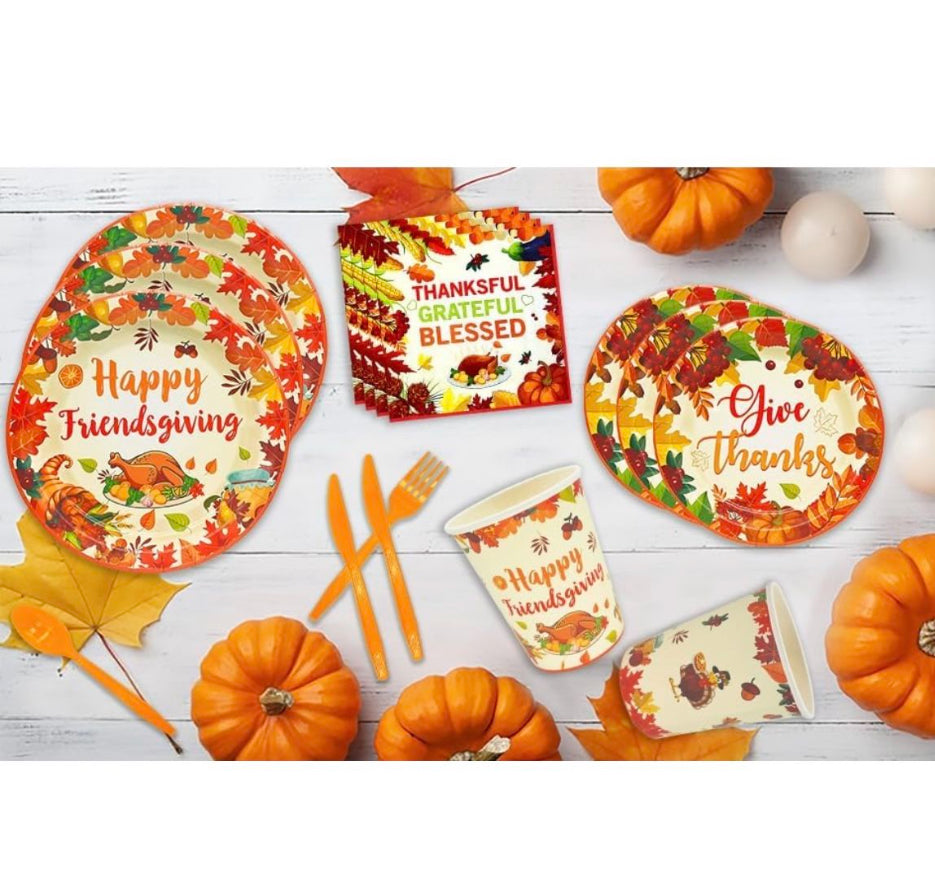 Open Box New Xcvwz 189Pcs Thanksgiving Party Supplies - Plates, Napkins, and Happy Friendsgiving Banner for Decorations