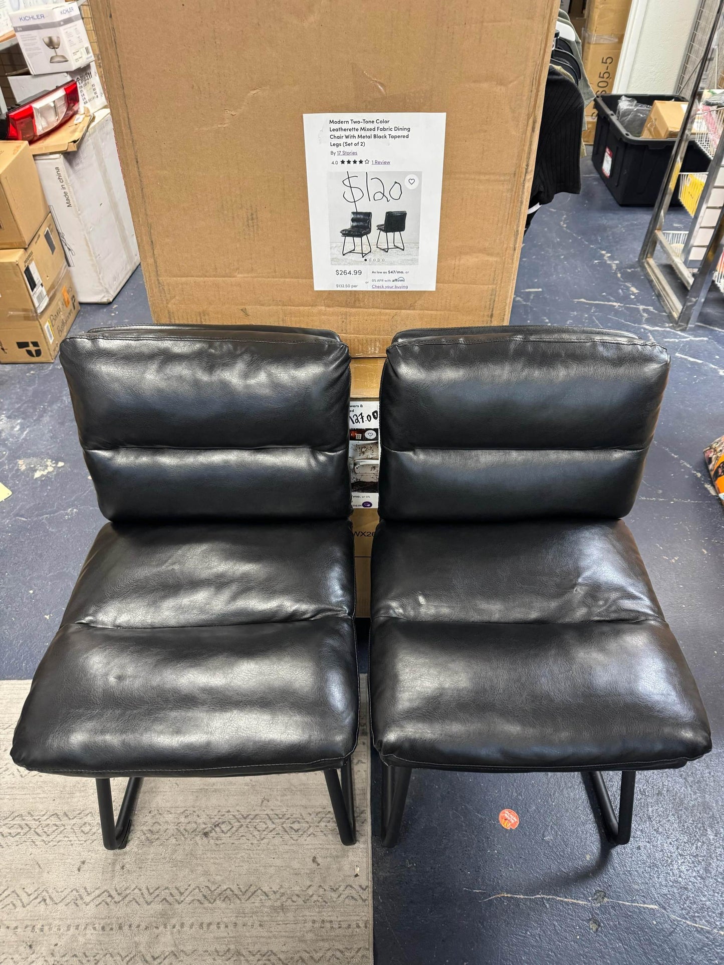 17 stories Modern Two-Tone Color Leatherette Mixed Fabric Dining Chair With Metal Black Tapered Legs (Set of 2)