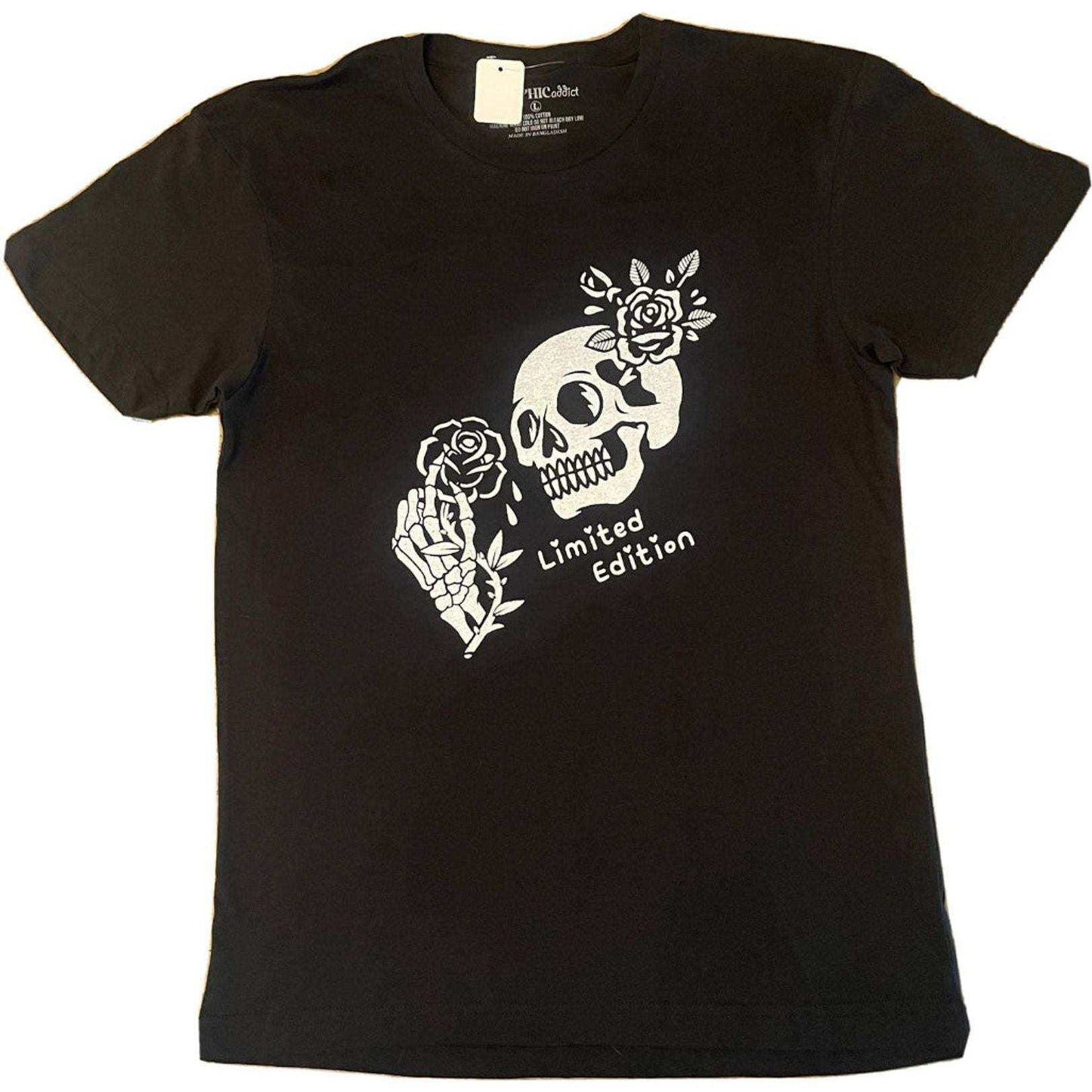 Black limited edition T-shirt with skull and rose design.