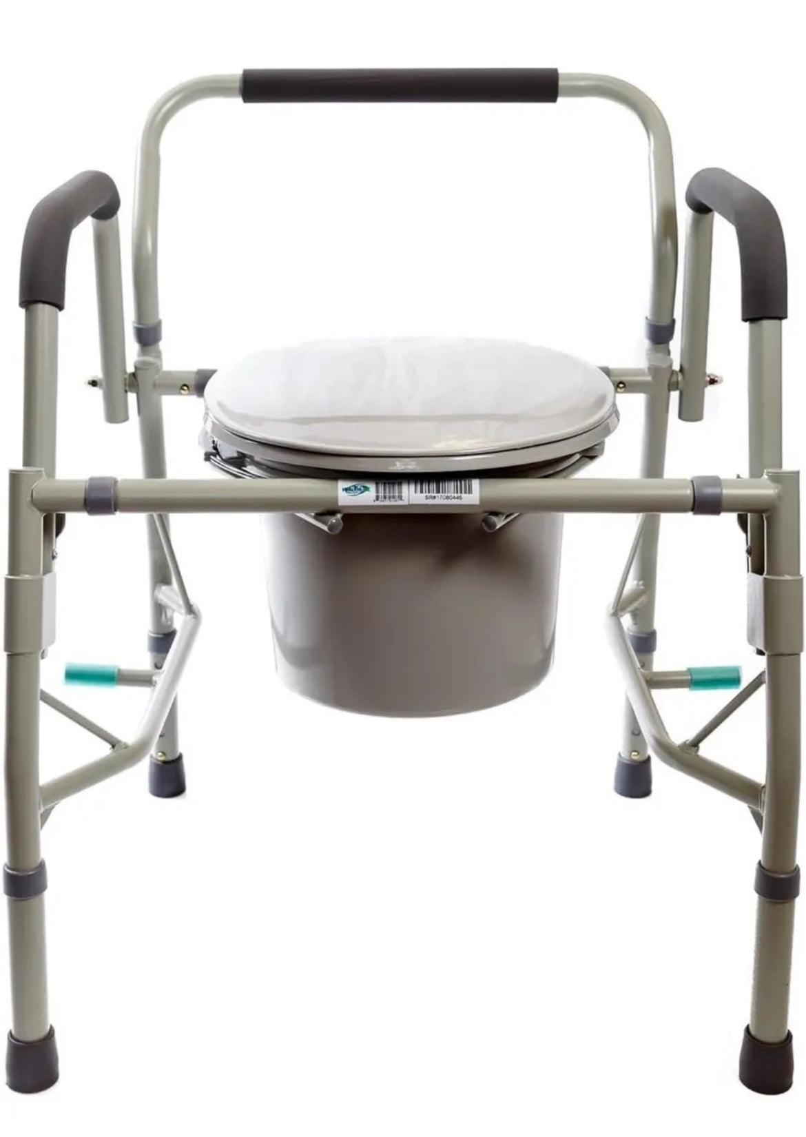 Healthline Deluxe 3 in 1 bedside commode with adjustable legs and padded armrests.