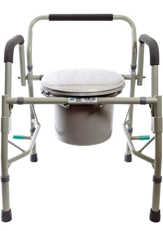3 in 1 bedside commode with adjustable legs, padded armrests, snap-on seat and lid, and 12-quart bucket with handle and splash guard
