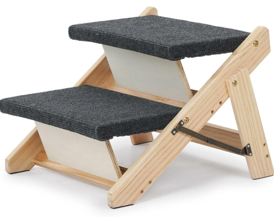 MEWANG Wood Pet Stairs/Pet Steps - Foldable 2 Levels Dog Stairs & Ramp Perfect for Beds and Cars - Portable Dog/Cat Ladder Up to 110 Pounds