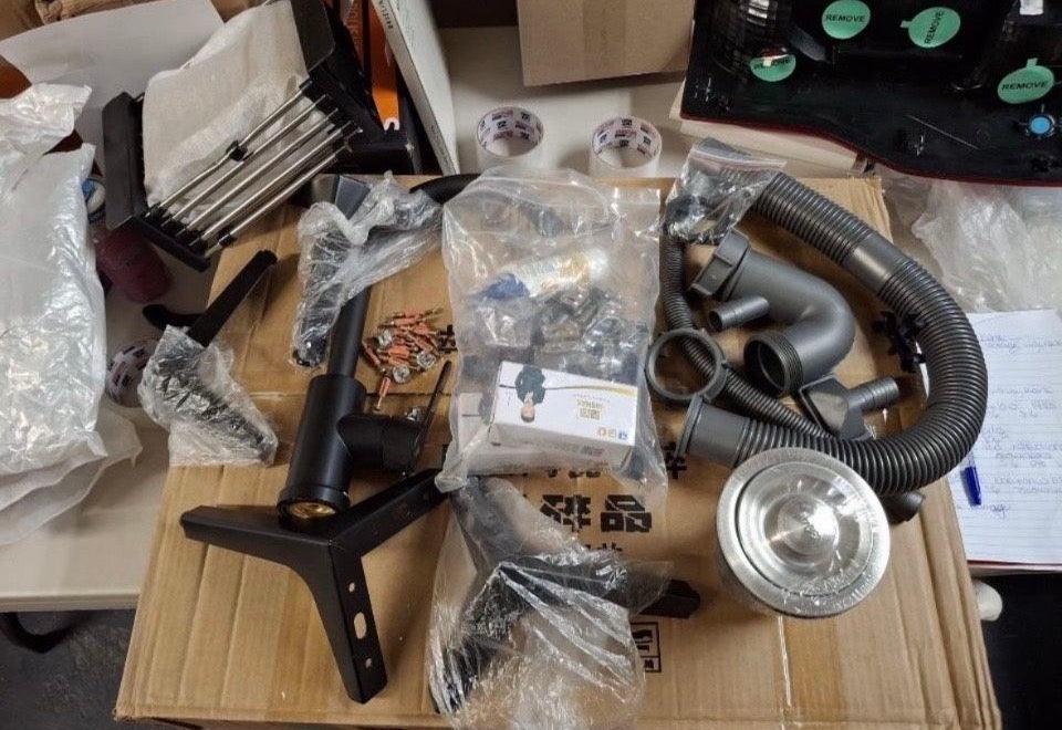 Open Box New Ownsig 23.6 inch Stainless Steel Laundry Sink with Cabinet and Pull-Out Faucet, Free Standing Utility Sink with Draining Basket