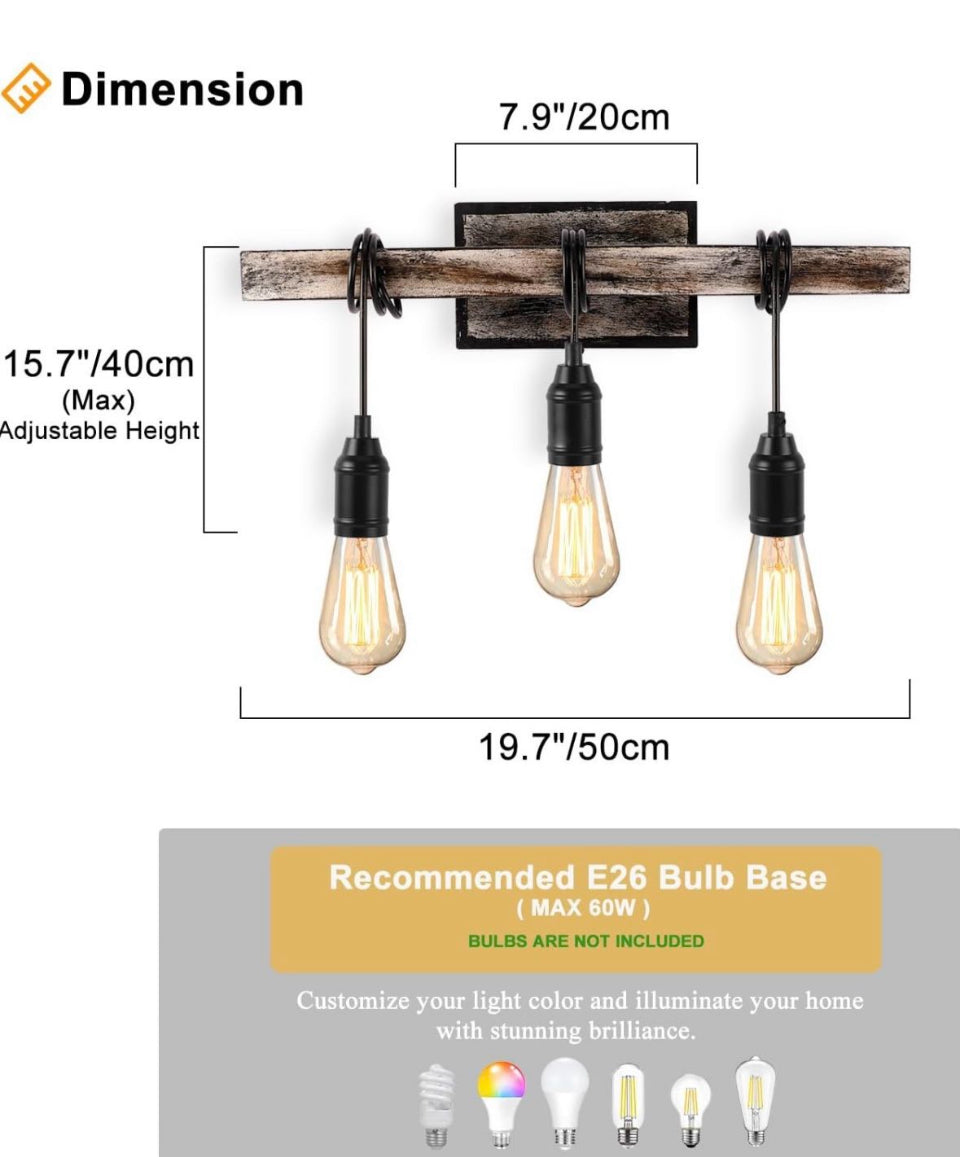 LMSOD 3 Lights Vintage Wall Sconce, Farmhouse Industrial Bare Bulb Wire Wrapped Wood Beam Linear Bathroom Vanity Light