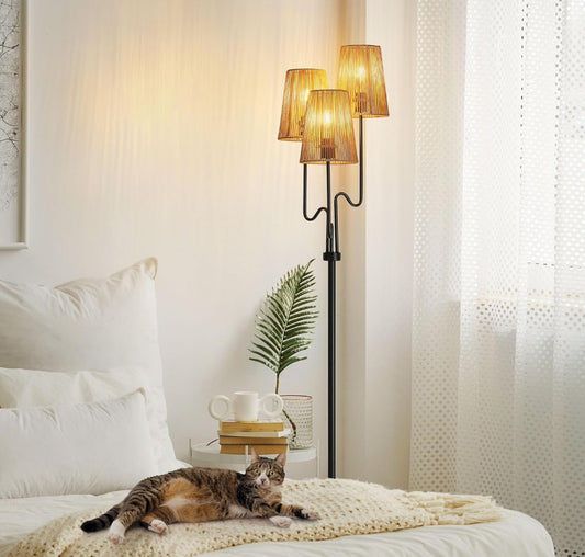 Boho Floor Lamp, 68in. Rattan Floor Lamp with Rattan Shade, 3 Light Tree Standing Lamp for Bedroom,Nursery, E26 Socket, Living Room Floor Lamp for Rus