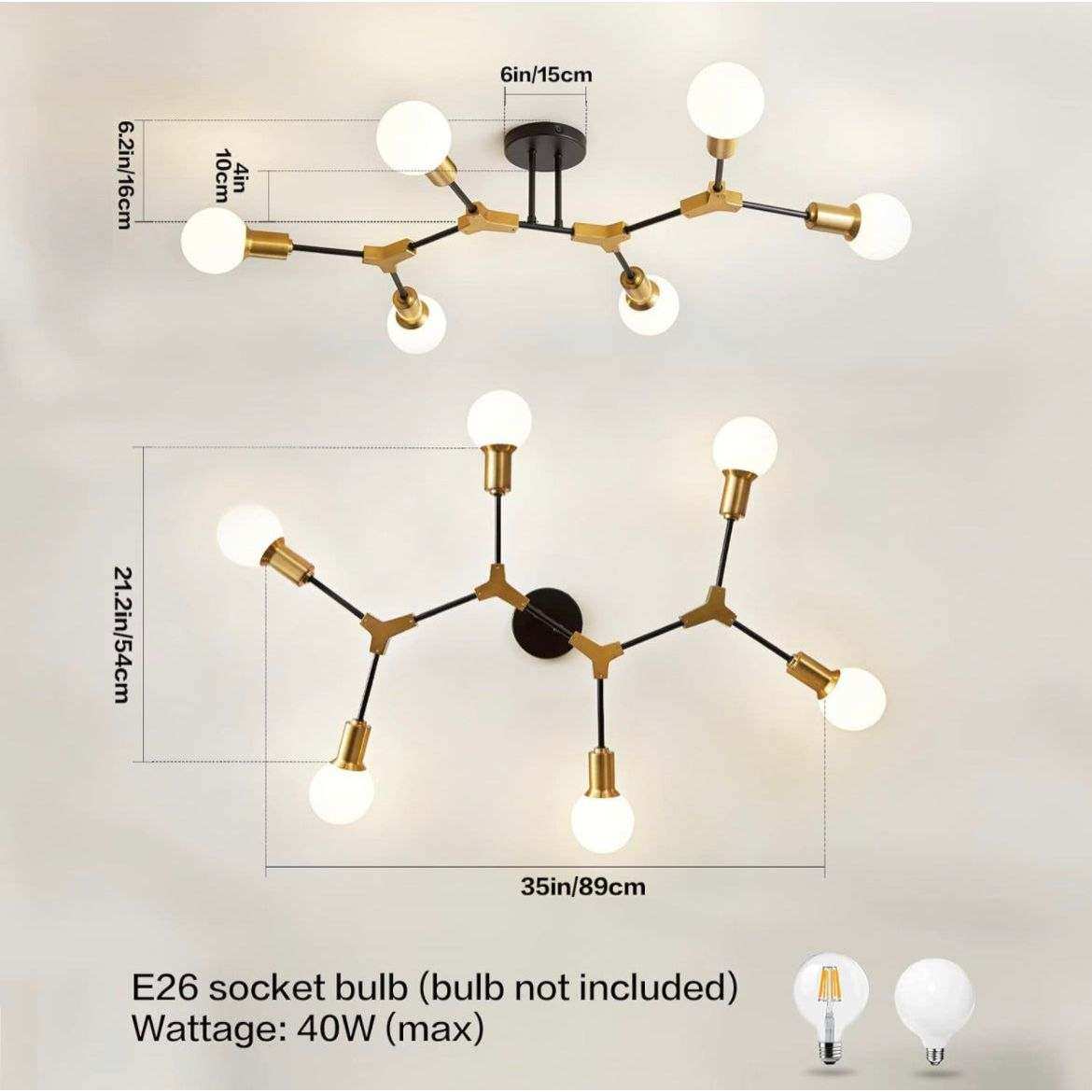 Epinl Modern Sputnik Light Fixture 6-Lights Chandelier Black and Gold Chandelier Metal Semi Flush Mount Ceiling Light for Bedroom Living Room Hallway.E26 Socket - Selzalot