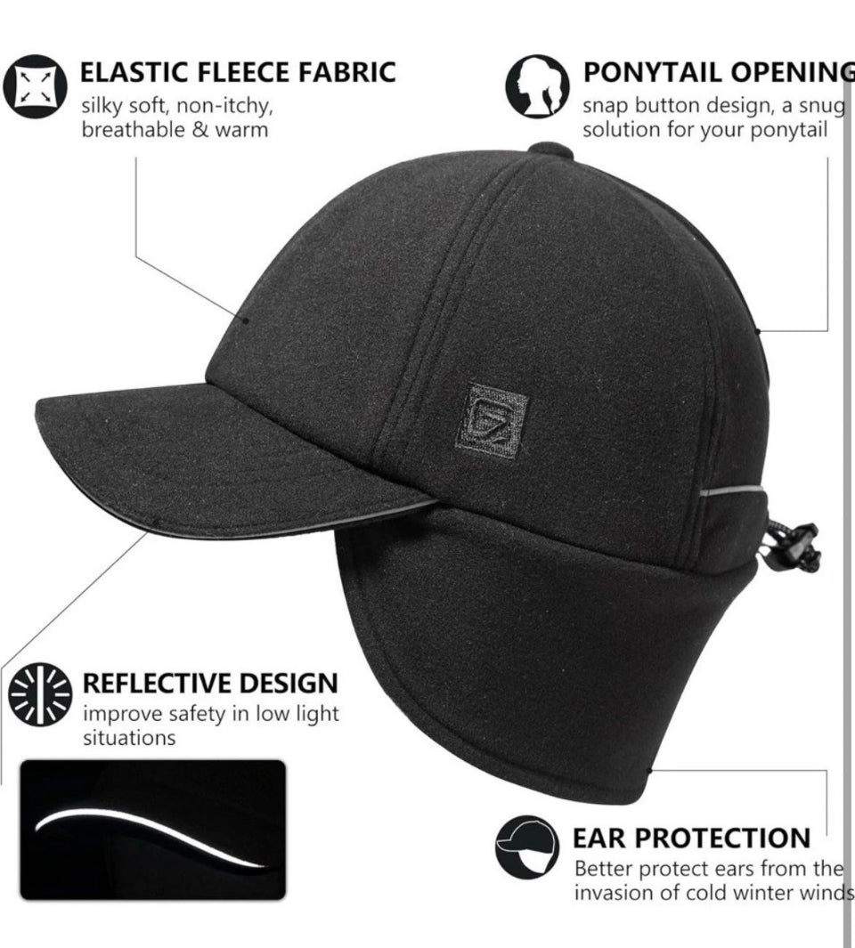 GADIEMKENSD Women's Fleece Ponytail Hat - Reflective Winter Hat with Flip Down Ear Warmer, Vertical Ponytail Hole, Adjustable