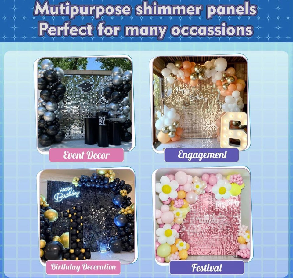 Open box QCITY Rainbow Blue Shimmer Wall Backdrop 30PCS, Black Back Not See-Through Design, Square Sequin Glitter Backdrop Panel, Perfect for Outdoor