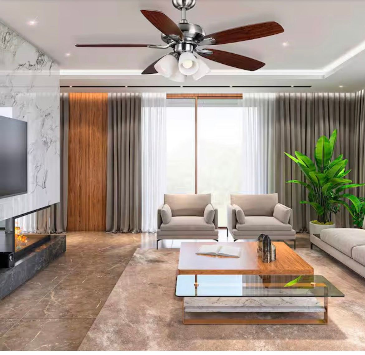 Hampton Bay Hollis 52-inch indoor LED brushed nickel ceiling fan with 5 reversible blades, light kit, and remote control in modern living room