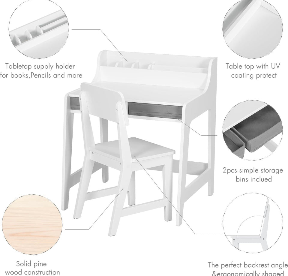 UTEX Kids Desk and Chair Set, Study Desk for Kids with Storage Bins, Wooden Children Study Table, Student Writing Desk for Bedroom & Study Room - Selzalot