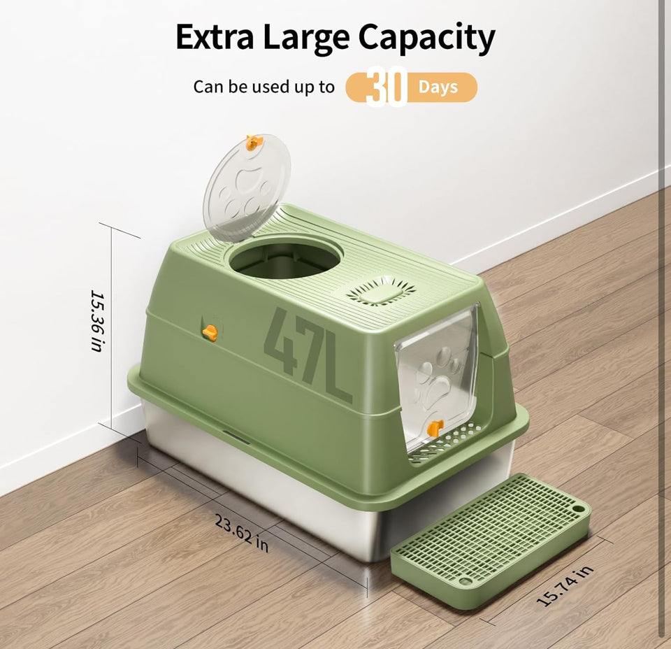 Open Box EOSARCU Stainless Steel Cat Litter Box with Lid, XL Large Enclosed High Sided Litter Box with Removable Lid, Carbon Filters -Odor Free, Easy