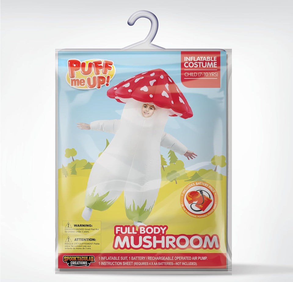 Brand New Spooktacular Creations Kids Inflatable Costume, Full Body Mushroom Blow Up Costume, Funny Deluxe Halloween Inflatable Suit for Dress Up Part