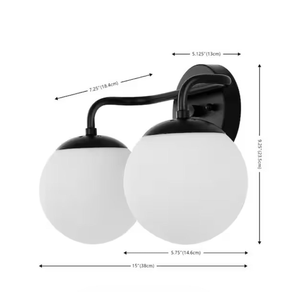 JONATHAN Y Louis Parisian Globe 15 in. 2-Light Metal/Frosted Glass Modern Contemporary LED Vanity Light, Black