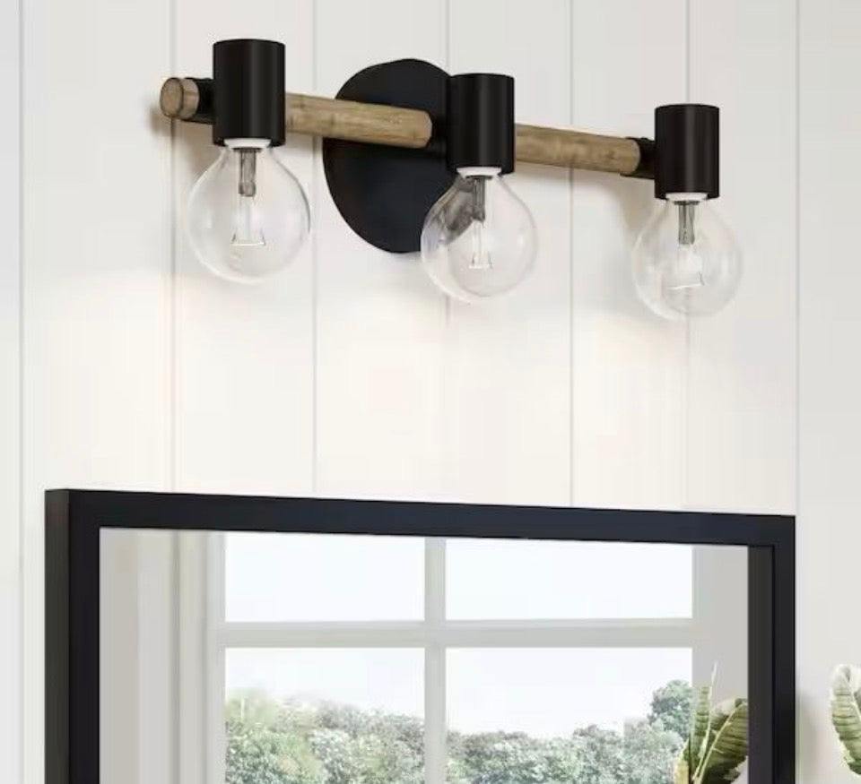Open Box New Nathan James Henry 17 in. 3-Light Black Bathroom Vanity Light Wood and Metal NEW