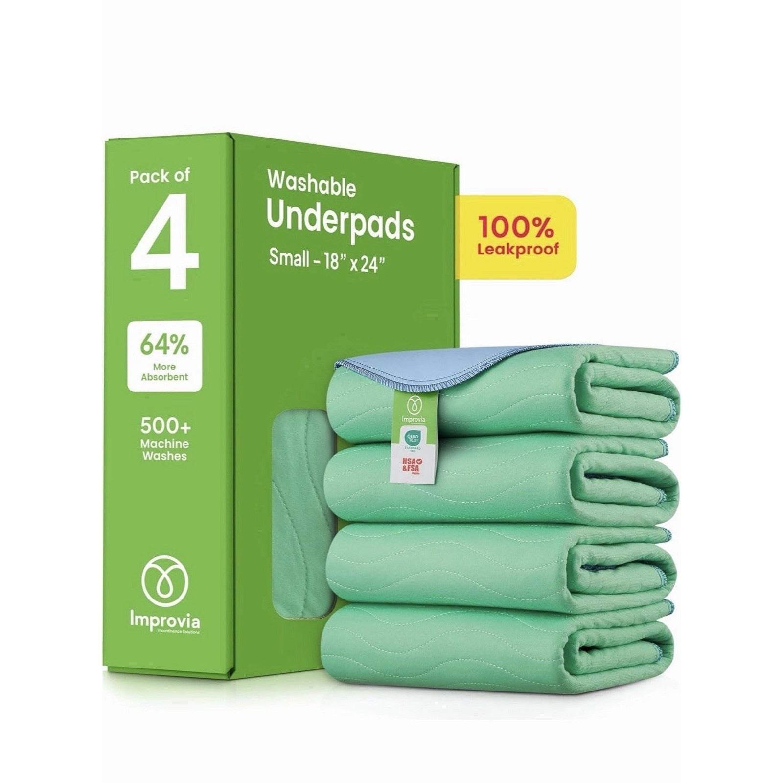 IMPROVIA heavy absorbency reusable incontinence pads 18x24 green pack of 4