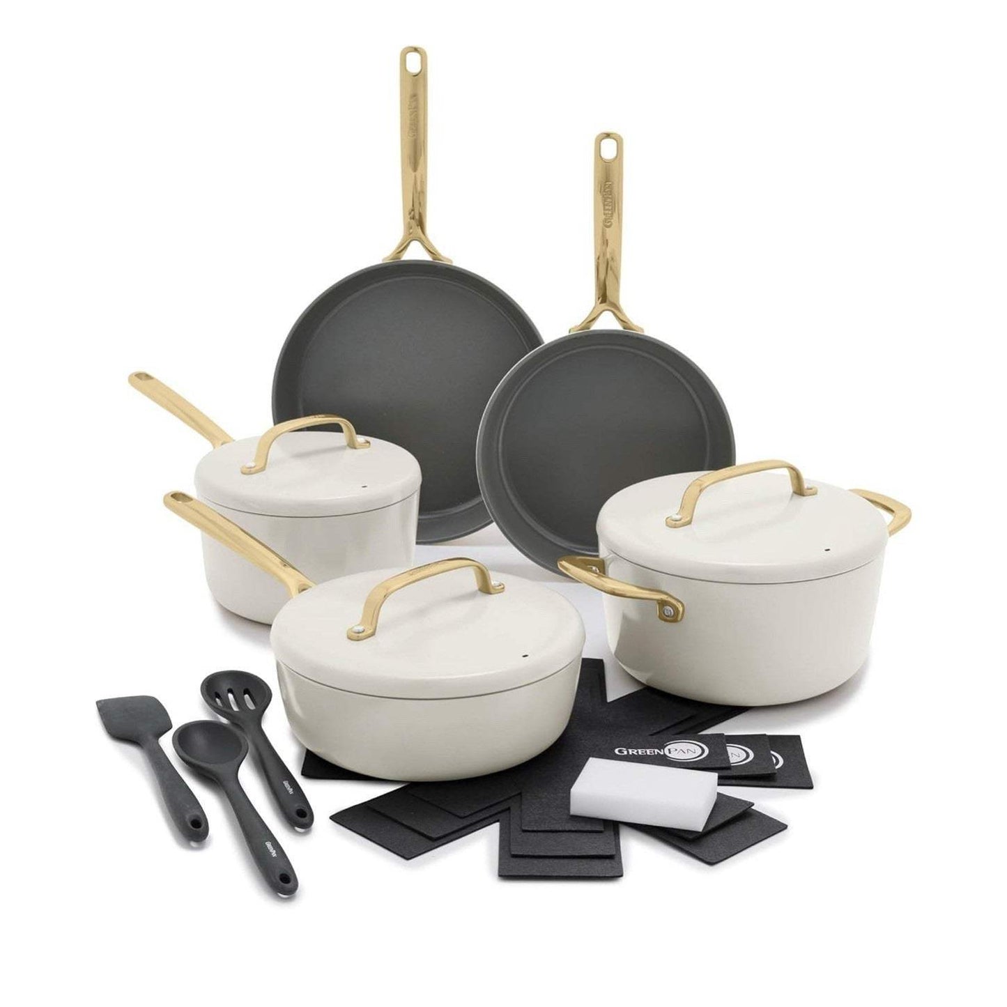 GreenPan GP5 14-piece hard anodized ceramic nonstick cookware set with champagne handles and stainless steel lids