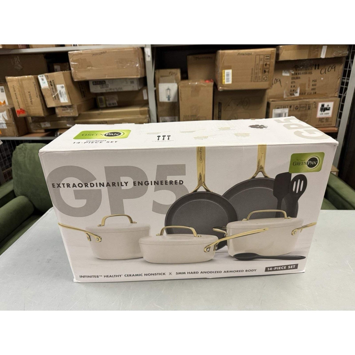 GreenPan GP5 14 Piece Cookware Pots and Pans Set, Hard Anodized Healthy Ceramic