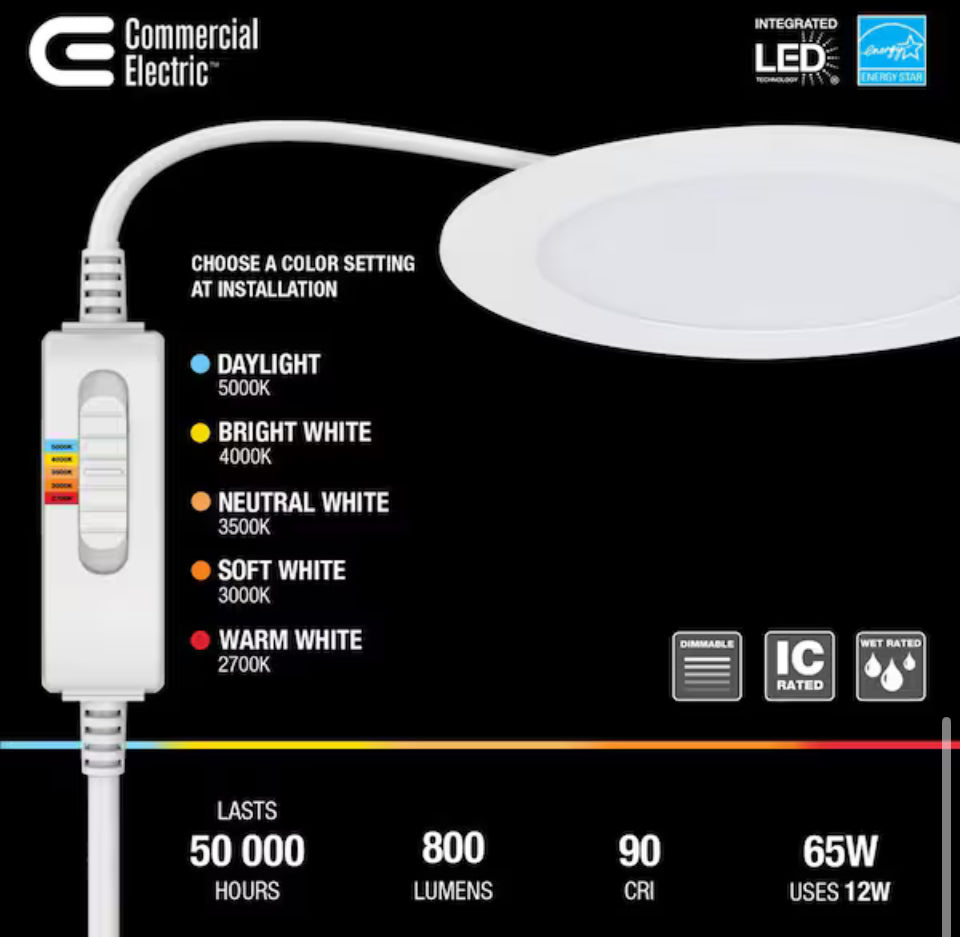 Commercial Electric Ultra Slim Integrated LED 6 in Round Adj Color Temp Canless Recessed Light for Kitchen Bath Living rooms, White