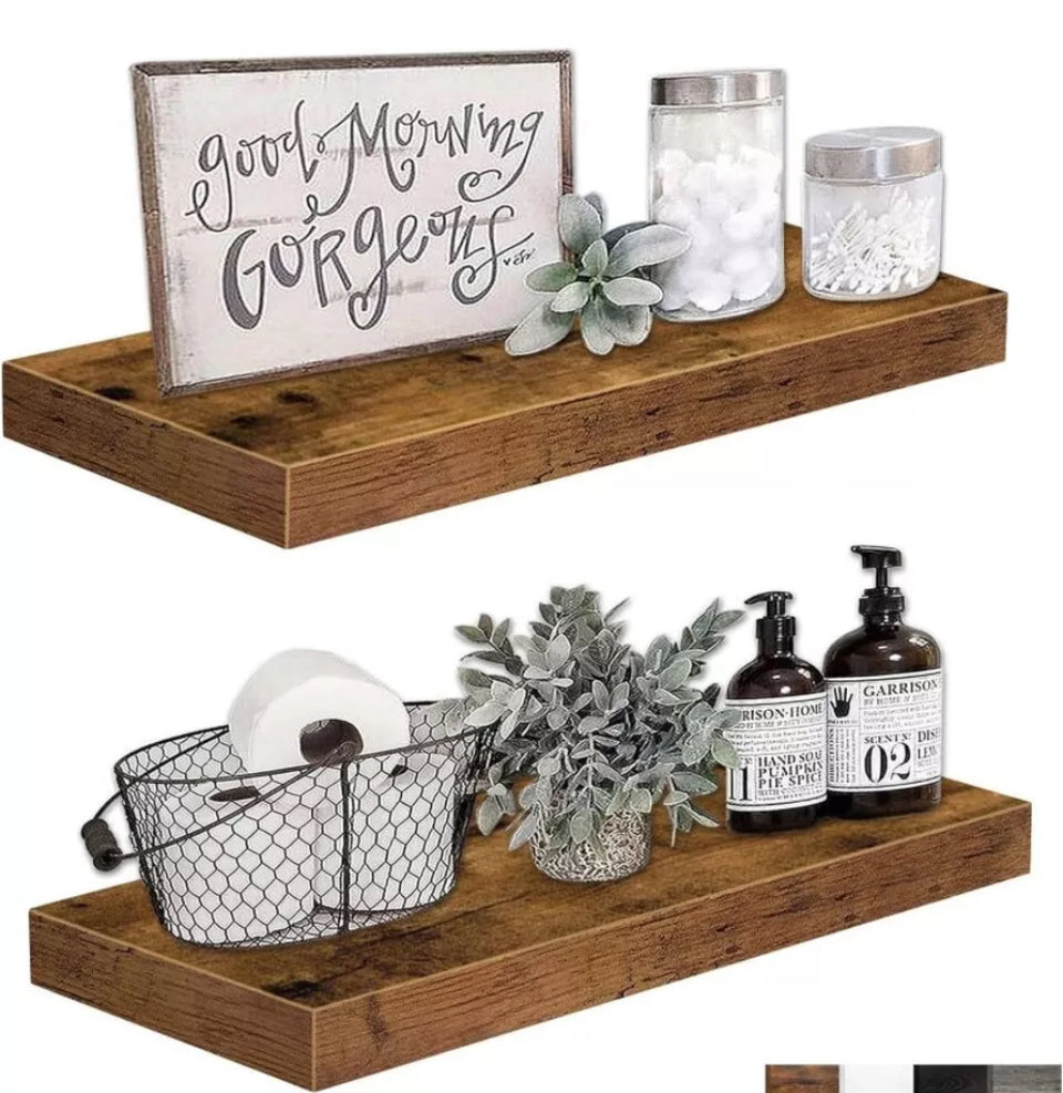 Rustic brown QEEIG bathroom shelves, 24 inches, set of 2 with decorative items.