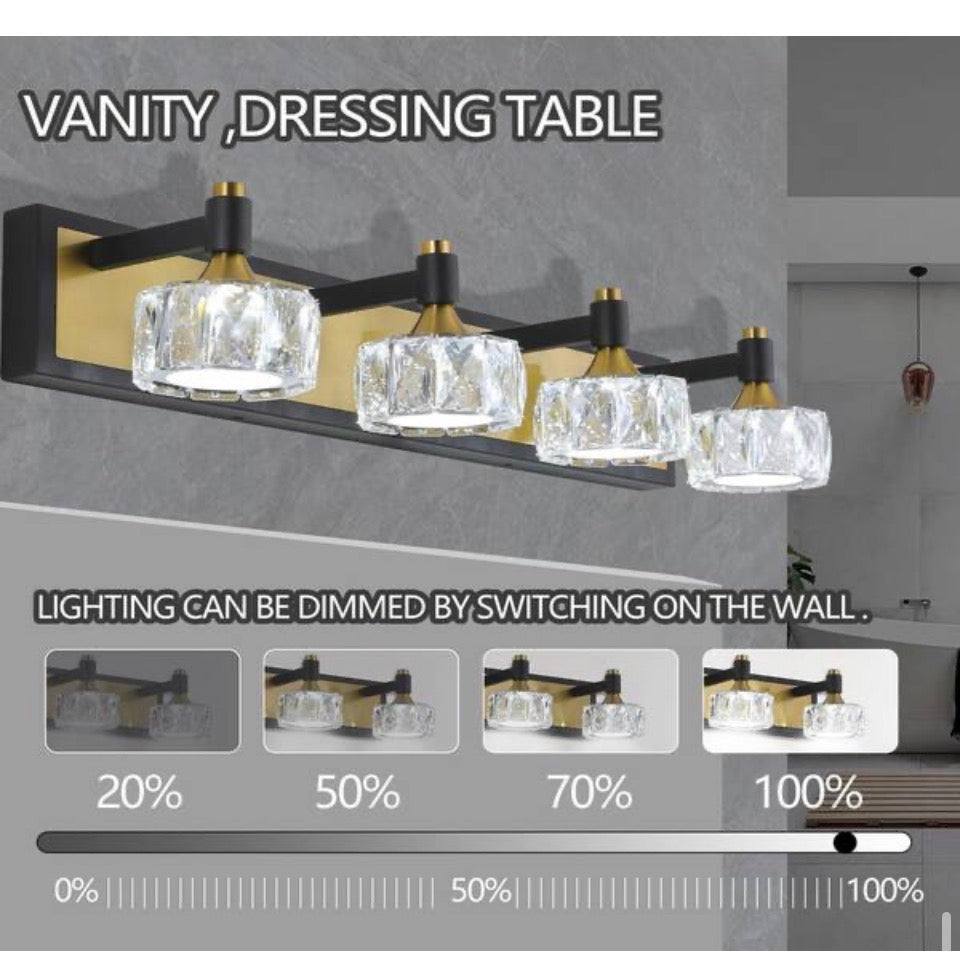 Brknit 4-Light Black Crystal Bathroom Vanity Light Fixtures Over Mirror Modern Dimmable LED Wall Lights for Bathroom