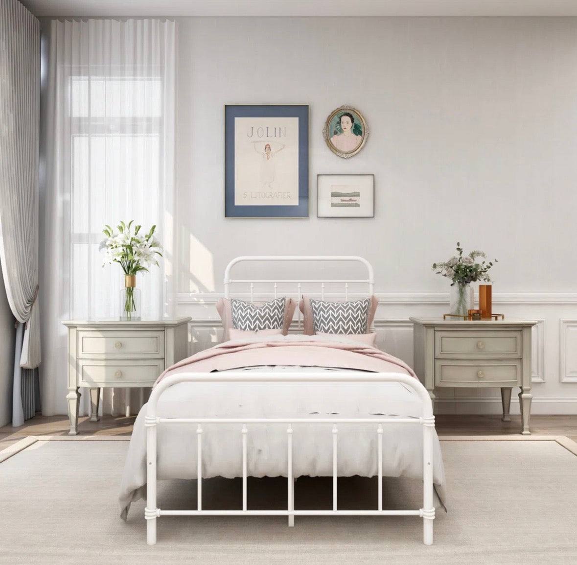 Winston Porter Colina white metal platform bed with vintage tubular frame in modern bedroom setting
