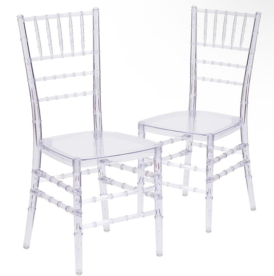 Pre-Assembled New 2 Pack Flash Elegance Crystal Ice Scratch and Water Resistant Stacking Chiavari Chairs