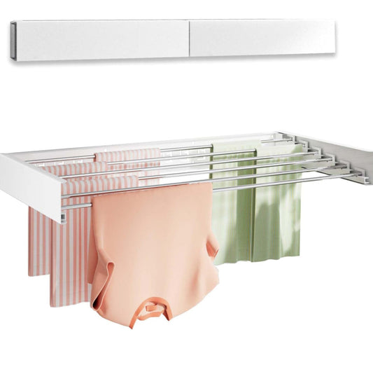 Vikaqi wall mounted foldable clothes drying rack with stainless steel rods and hanging clothes indoors