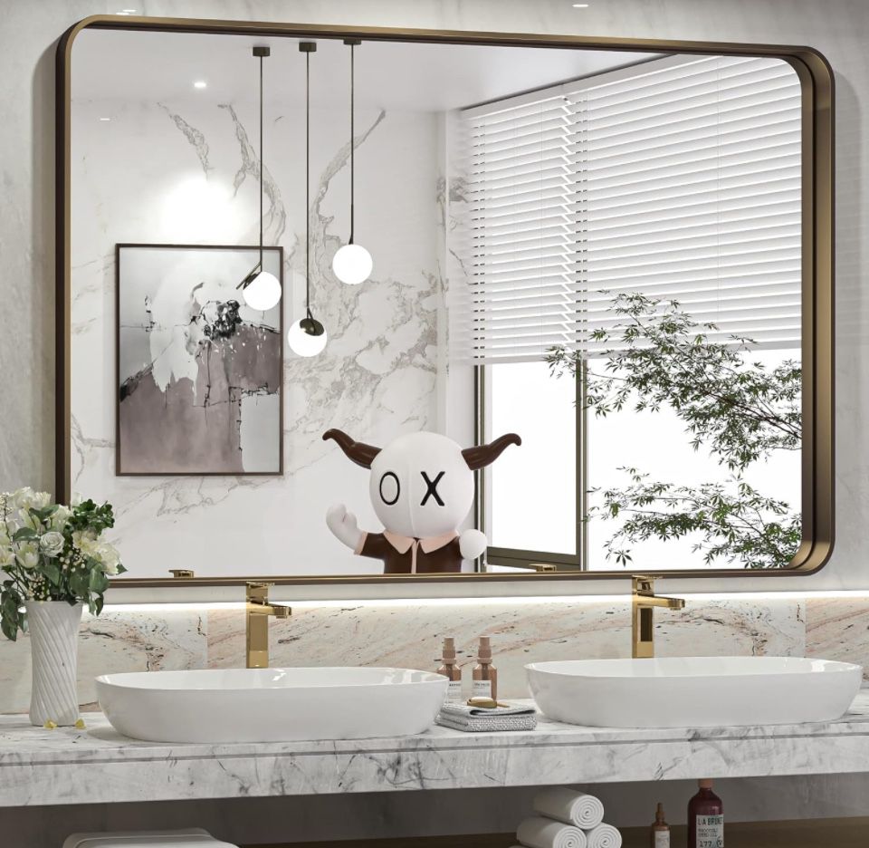 TokeShimi 40 x 30 Inch bronze bathroom wall mirror with non-rusting aluminum frame, modern farmhouse style.