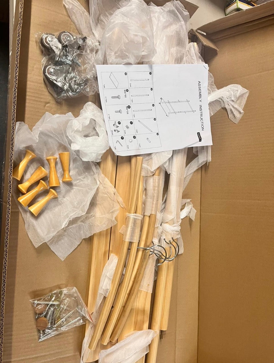 OPEN BOX NEW Angel Sar 38.2 in. x 15.7 in. x 72.1 in. Solid Wood Modern Clothes Rack with 6 Wooden Hangers, Adjustable Shelf and Wheels