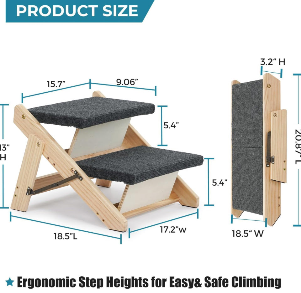 MEWANG Wood Pet Stairs/Pet Steps - Foldable 2 Levels Dog Stairs & Ramp Perfect for Beds and Cars - Portable Dog/Cat Ladder Up to 110 Pounds