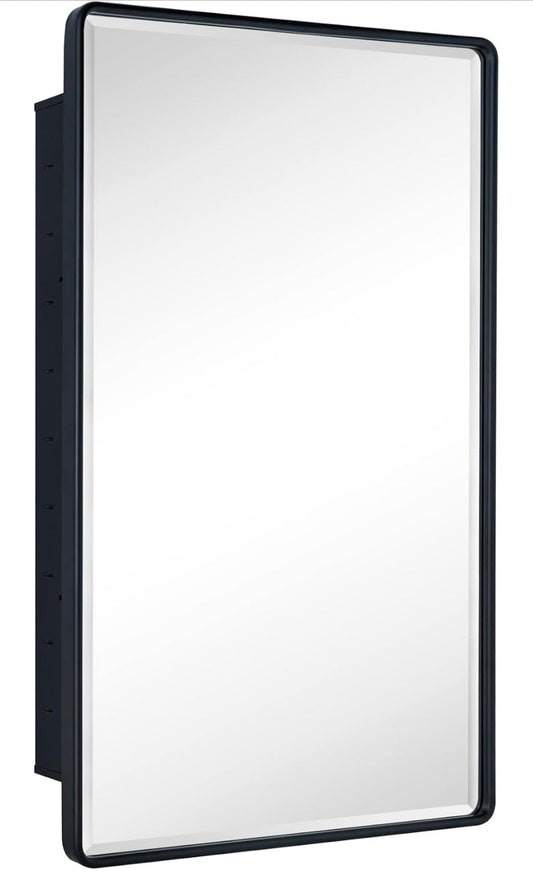 Farmhouse matt black recessed bathroom medicine cabinet with rounded rectangle beveled mirror and aluminum frame 24x36 inches