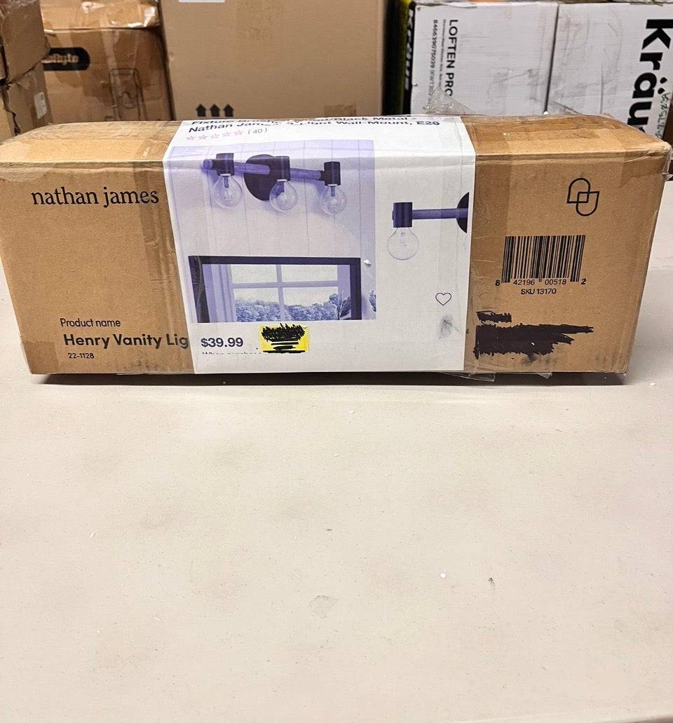 Open Box New Nathan James Henry 17 in. 3-Light Black Bathroom Vanity Light Wood and Metal NEW