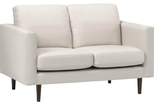 Rivet Revolve Modern Upholstered Loveseat sofa in linen with tapered wood legs and square arms