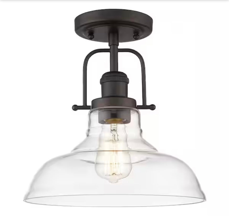 11 in. 1-Light oil rubbed bronze semi-flush ceiling light with clear glass shade