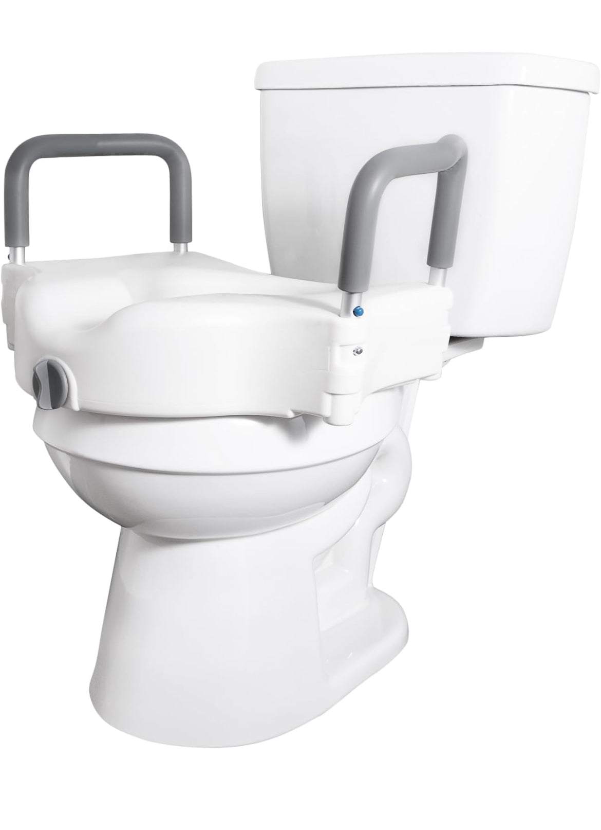 Vaunn Raised Toilet Seat with Removable Handles and Locking Mechanism.