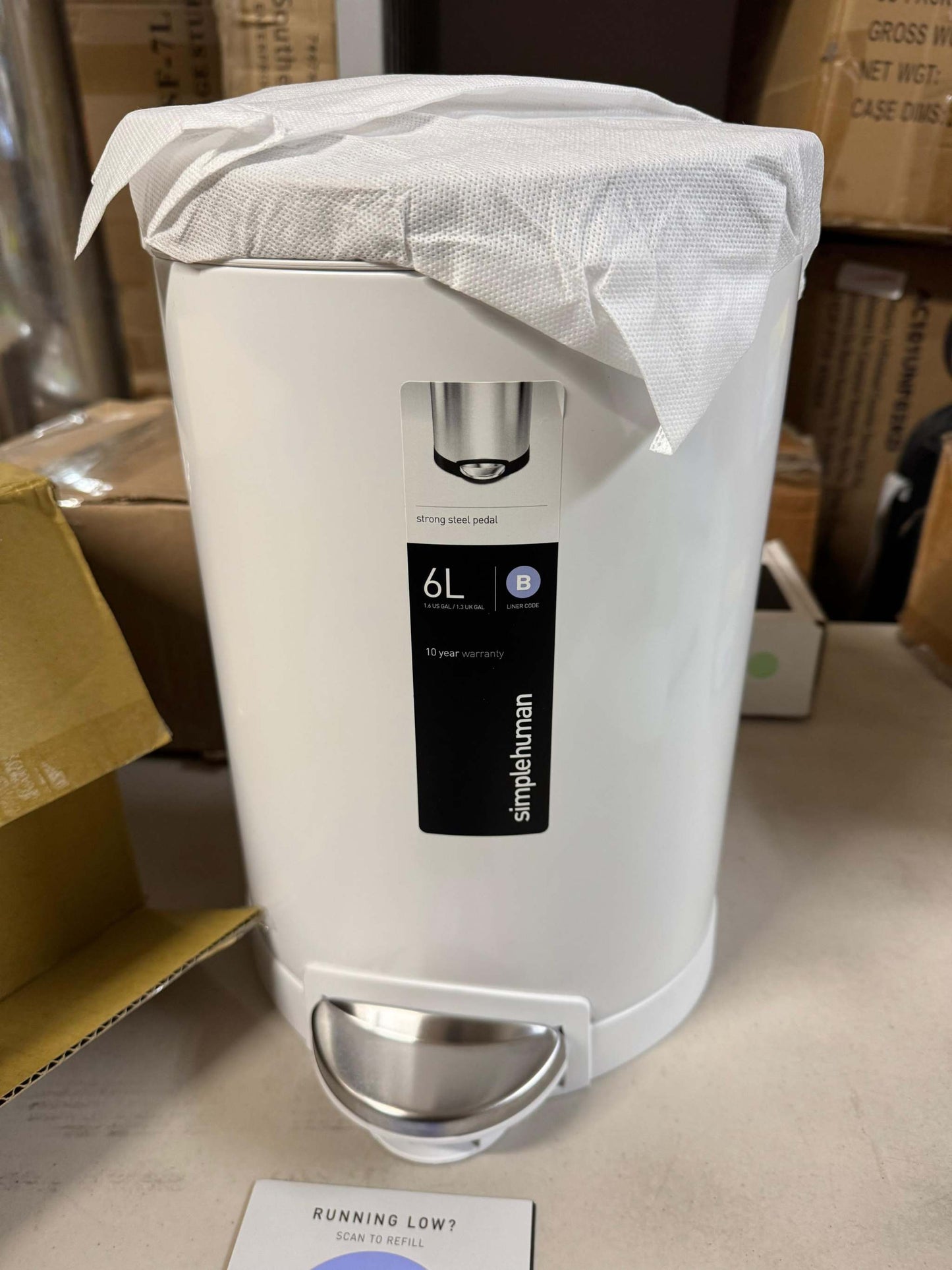 Simplehuman 6 Liter / 1.6 Gallon Semi-Round Bathroom Step Trash Can, White Steel