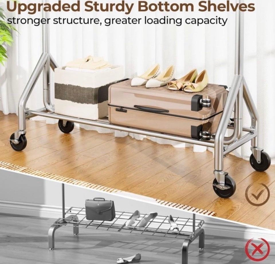 Open Box HYSEYY Heavy Duty Clothes Rack Load 450 LBS, Metal Garment Rack, Standing Rolling Clothing Rack for Hanging Clothes with Sturdy Wheels & Shel