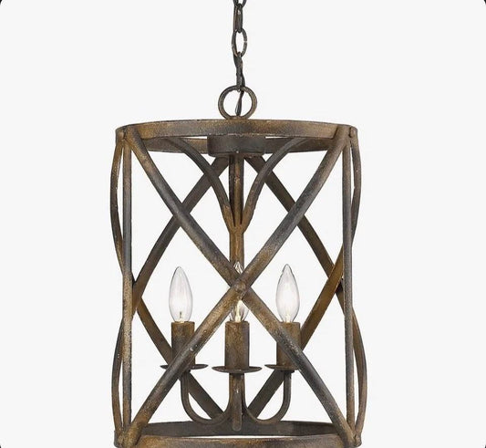 17 stories 3-light antique black iron cylinder pendant chandelier with open metal criss-cross cage