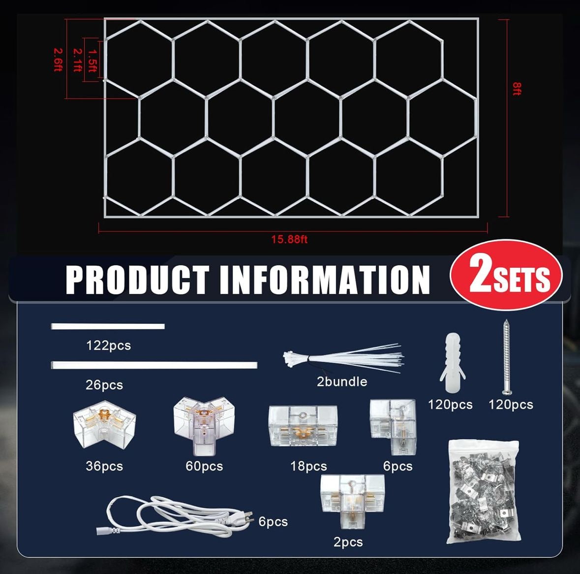 Open Box Baquler 15 Hexagon LED Garage Light System Honeycomb LED Shop Lights with White Border for Garage Workshop Car Detailing Shop Exhibition Hall