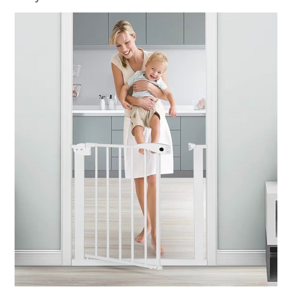 White and blue ZKMESI baby gate with door, wall-mounted safety gate for babies in doorway