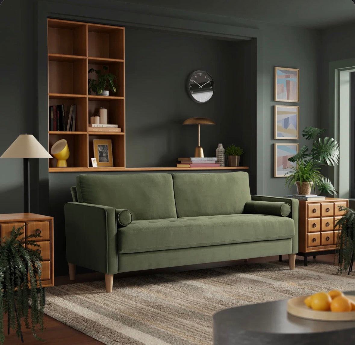 Mercury Row Garren tufted green sofa with wooden legs and throw pillows
